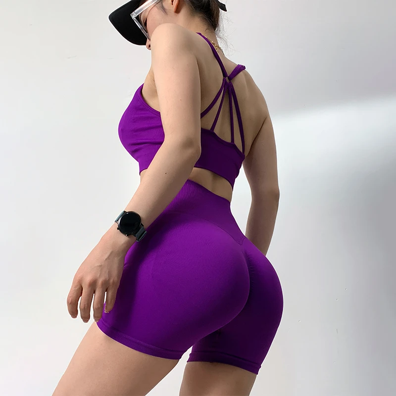 欧美高腰吸汗健身服吊带瑜伽套装美背V领文胸运动训练提臀短裤