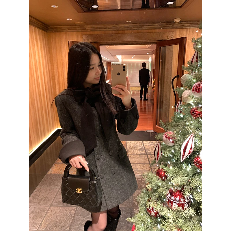 YOKLASS少女家 【现】深灰色蝴蝶结中长款单面呢保暖外套N29266S44