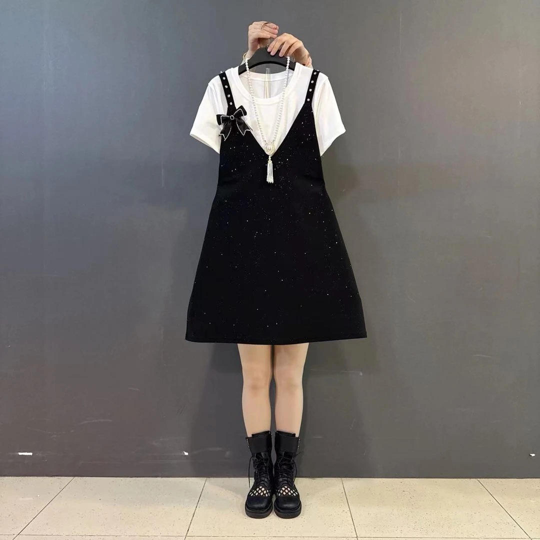 大码新款圆领T恤V领蝴蝶结背带裙甜美两件套