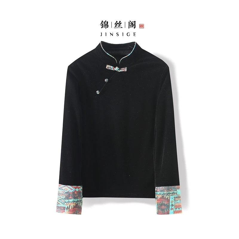 【晚翎】2025新款秋季薄款新中式上衣女立领拼色高级感丝绒长袖衬衫