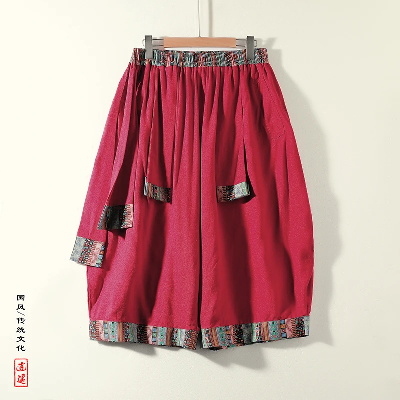 中国风藏式男装红色亚麻七分裤大码宽松新中式汉服裙裤宽松直筒裤