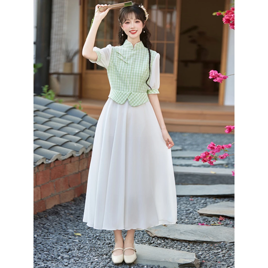 绿色格子旗袍年轻款少女2025年夏季新款民国风套装改良连衣裙淑女