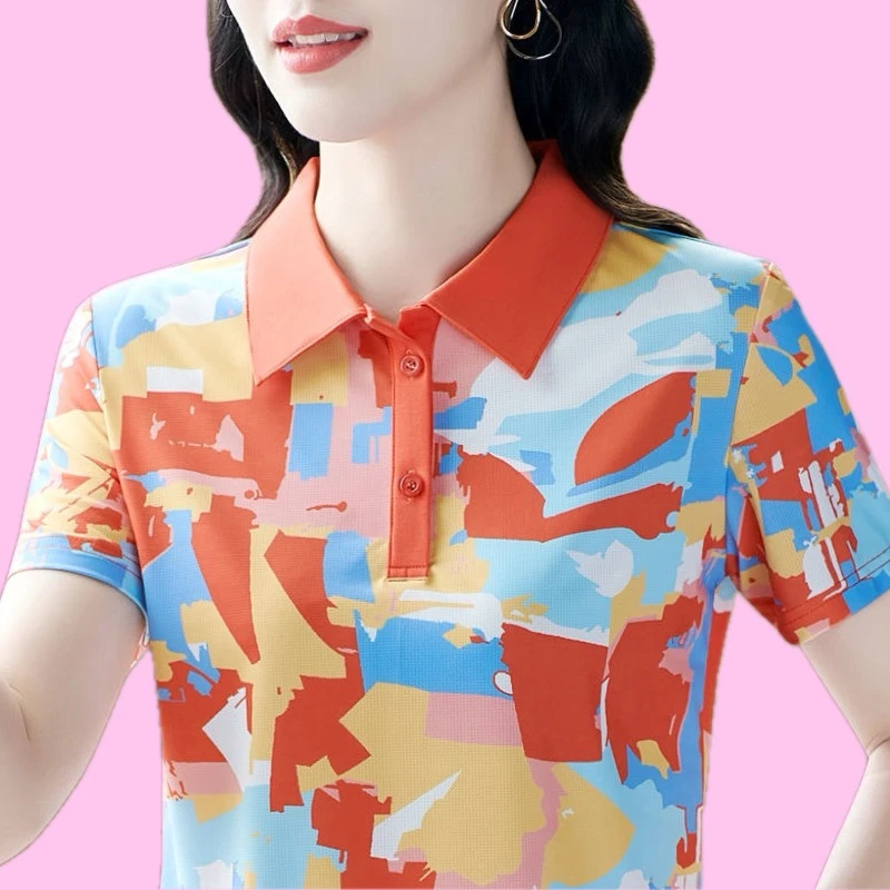 843桔色翻领POLO衫短袖T恤女夏季休闲洋气减龄修身显瘦百搭上衣