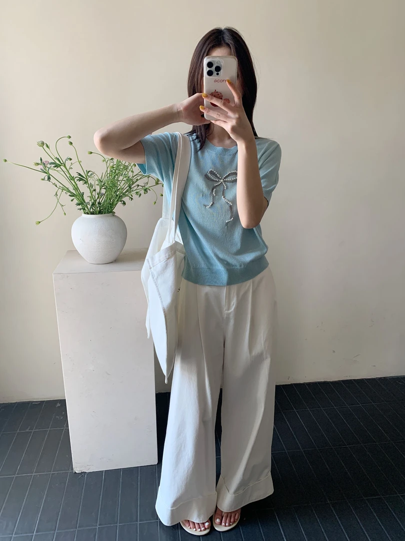 【素简.820152】春款上新天爽亚麻蝴蝶结撞色提花袖女装上新针织衫