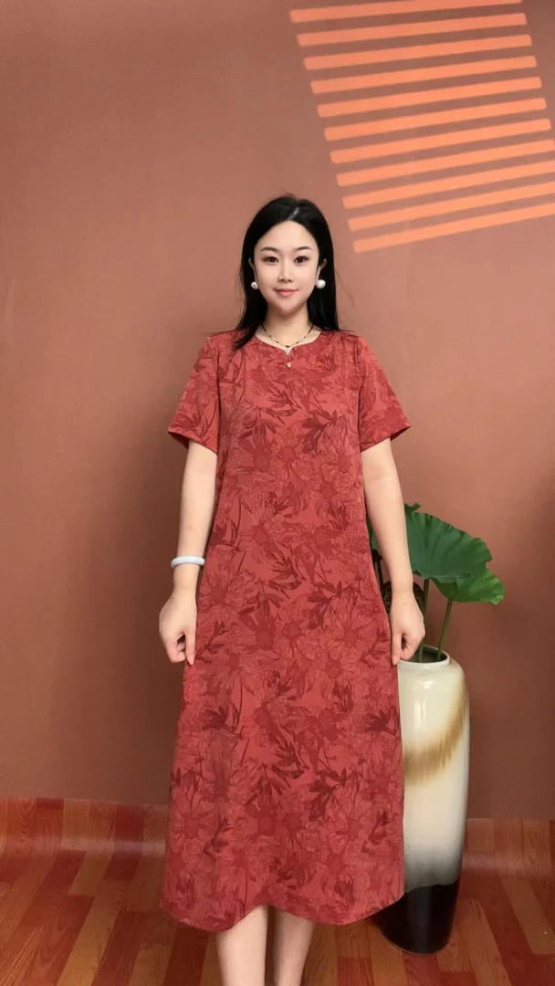 (桔色枫叶）夏季简约提花时尚显瘦气质女装宽松中长款连衣裙