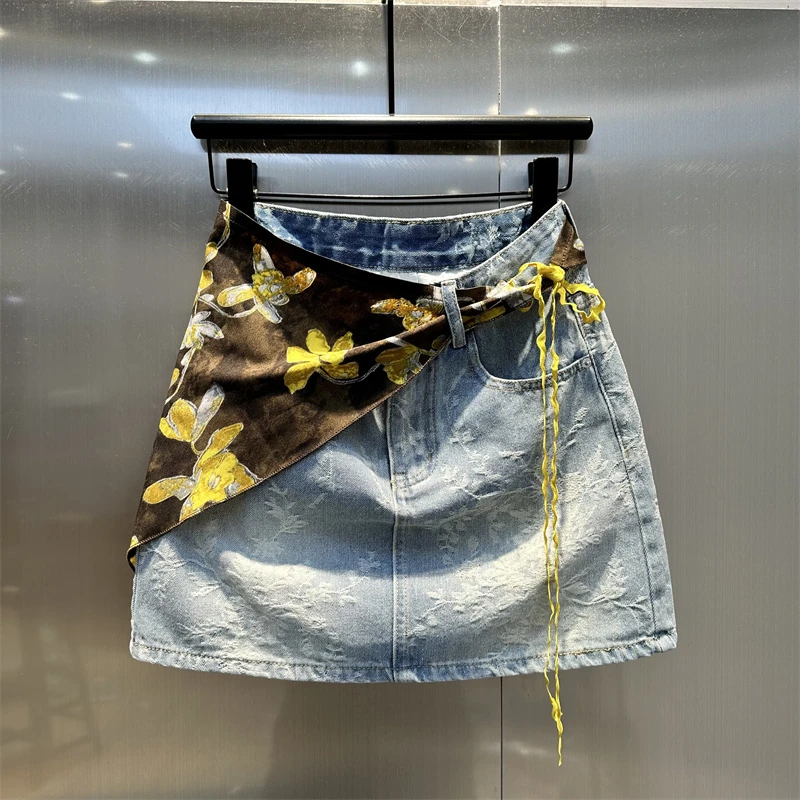 欧货2025年夏季新款印花丝巾浮雕刺绣花朵牛仔半身裙高腰a字短裙