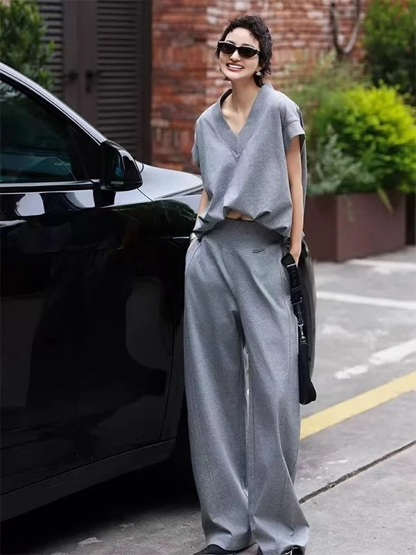 V领短袖韩系时尚套装女夏季慵懒风气质宽松休闲t恤阔腿裤两件套潮