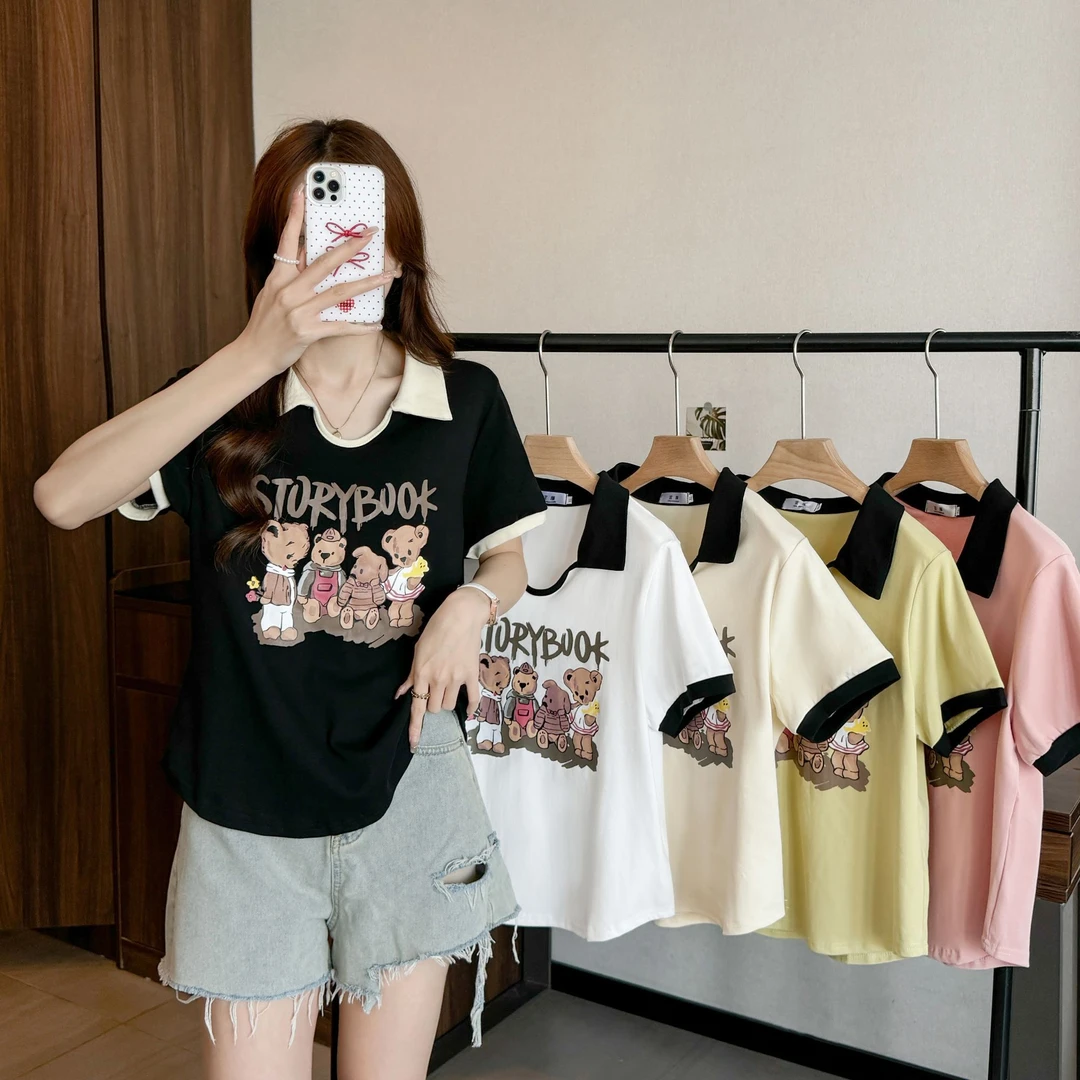 大码胖mm减龄小熊印花正肩T恤女夏季新款遮肉显瘦双层领上衣撞色
