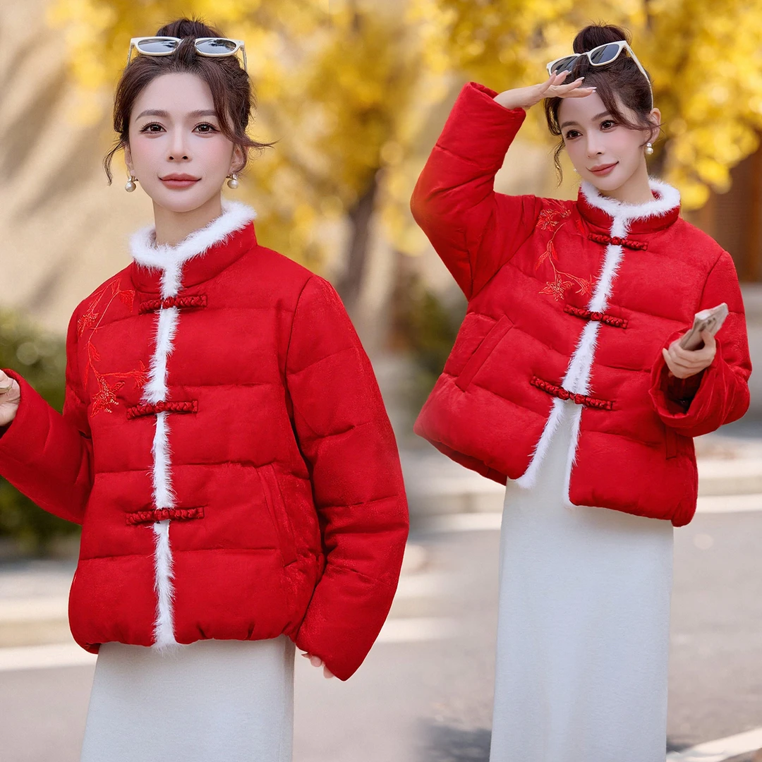 新中式国风水貂毛拼接鹅绒服女2025冬季新款复古盘扣白鹅绒短外套