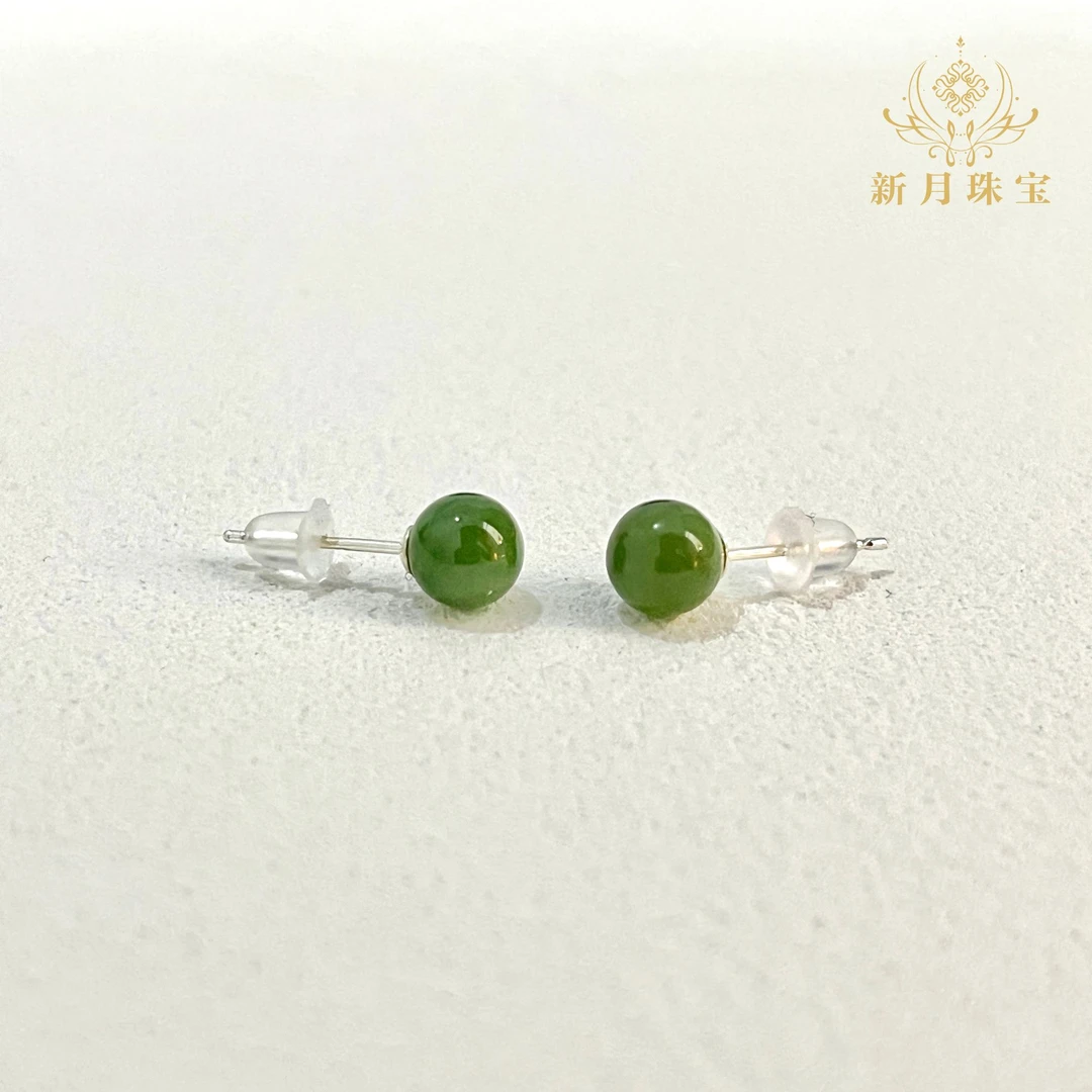 和田碧玉耳钉S925银针经典圆豆款-多样性发一