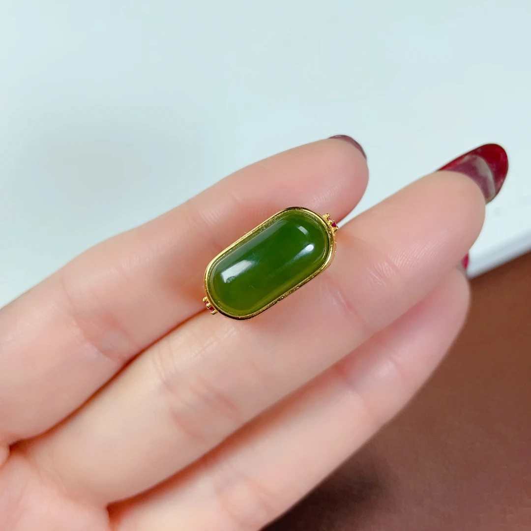 天然和田玉碧玉菠菜绿马鞍戒银镶玉包镶戒指男女款