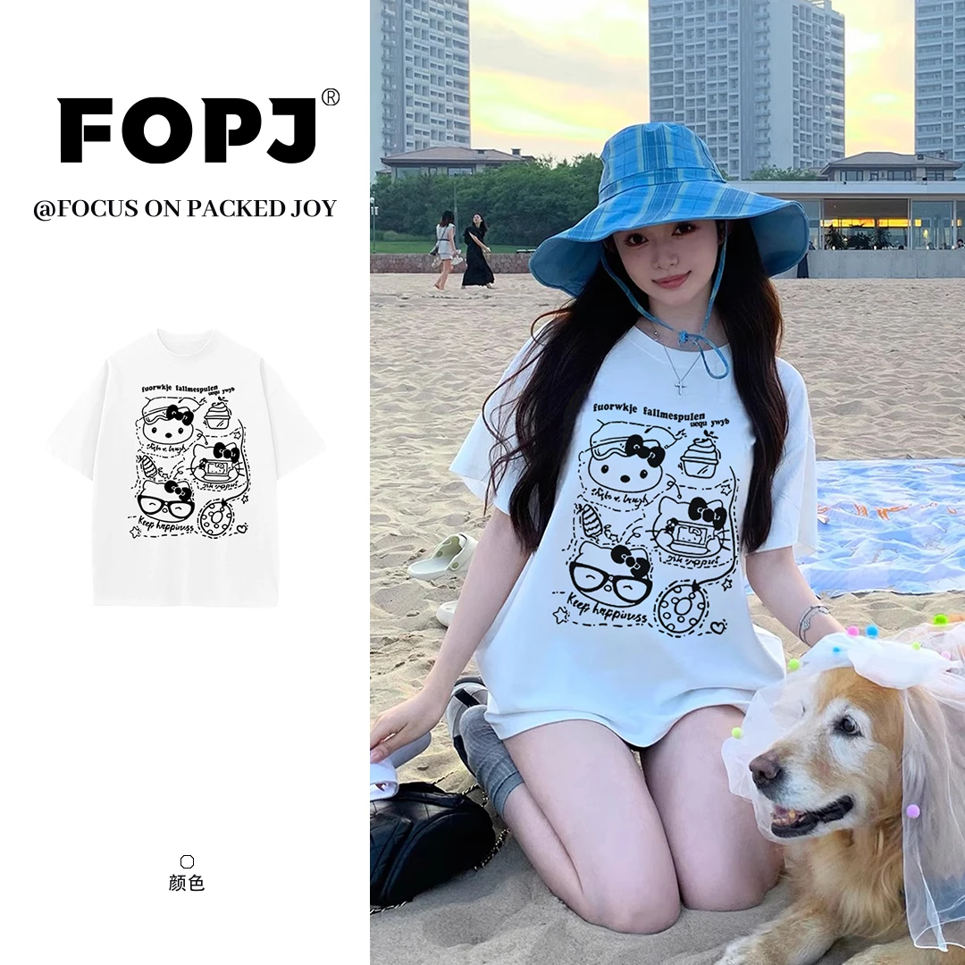 FOPJ韩版少女风kitty纯棉短袖t恤女夏季新款宽松显瘦百搭圆领上衣