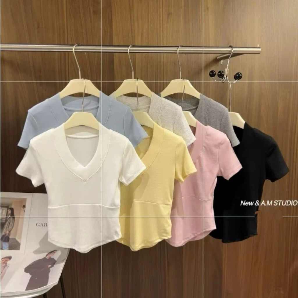 八爪娘娘-----新款短袖修身辣妹款显瘦高腰气质短款V领T恤上衣女