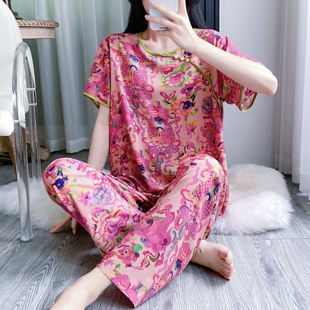 夏季新中式国风棉绸睡衣女短袖人造棉绵绸薄款宽松气质家居服套装