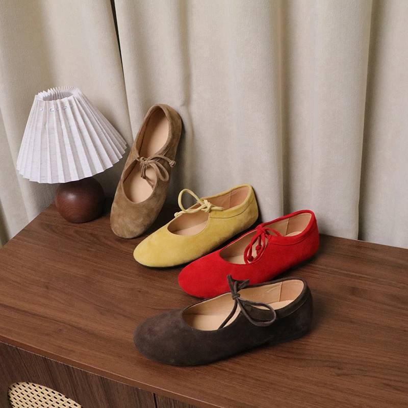 317-25百搭时尚多彩小香风前系带浅口反牛绒圆头软皮平底原创女鞋