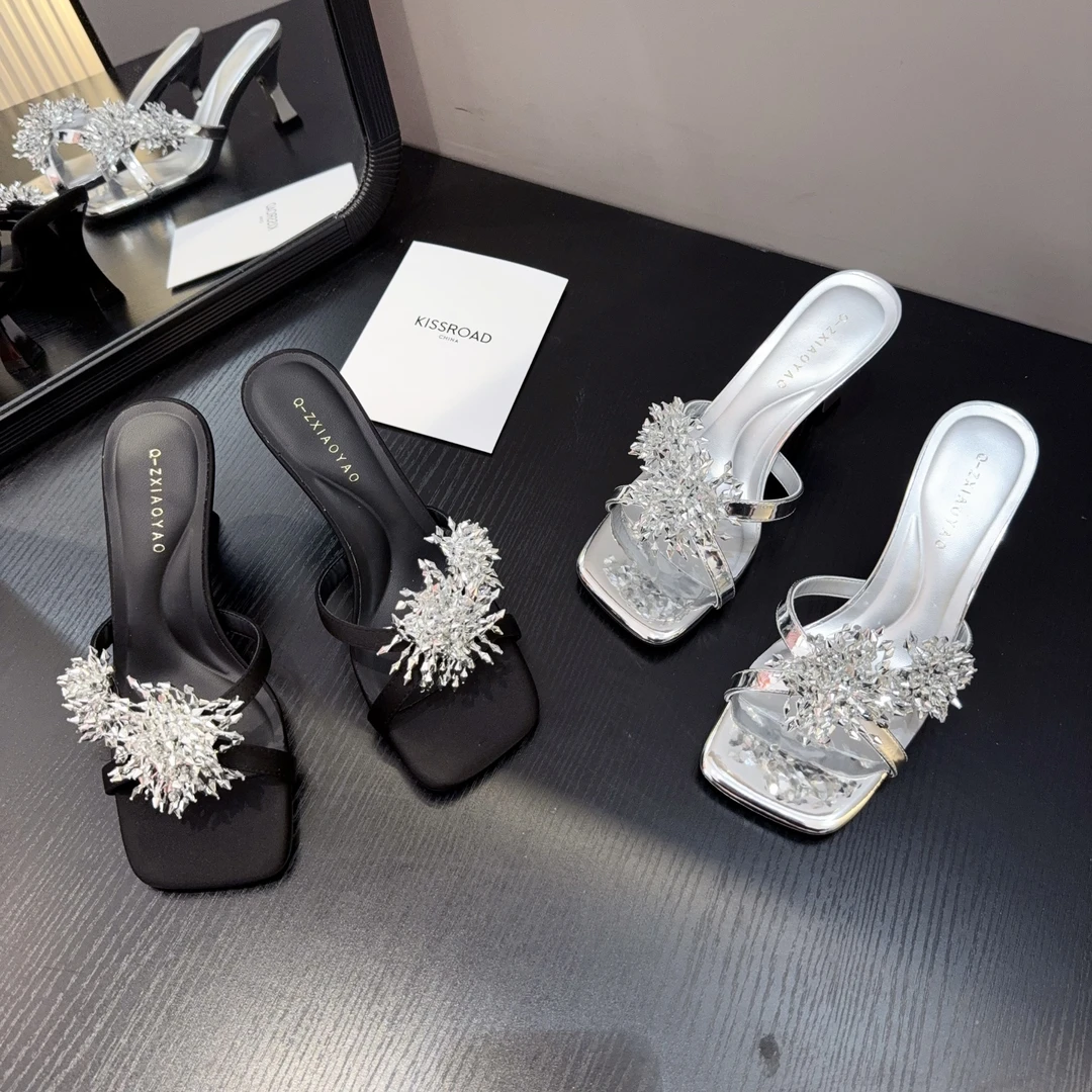 【6厘米】彼岸花高跟凉拖鞋一字型夏季粗跟外穿百搭露趾方头拖鞋女