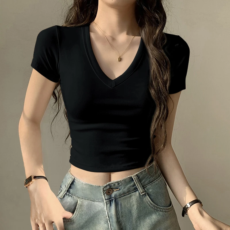 v领黑色t恤女短袖2025年夏季新款修身百搭打底小衫短款露脐上衣潮