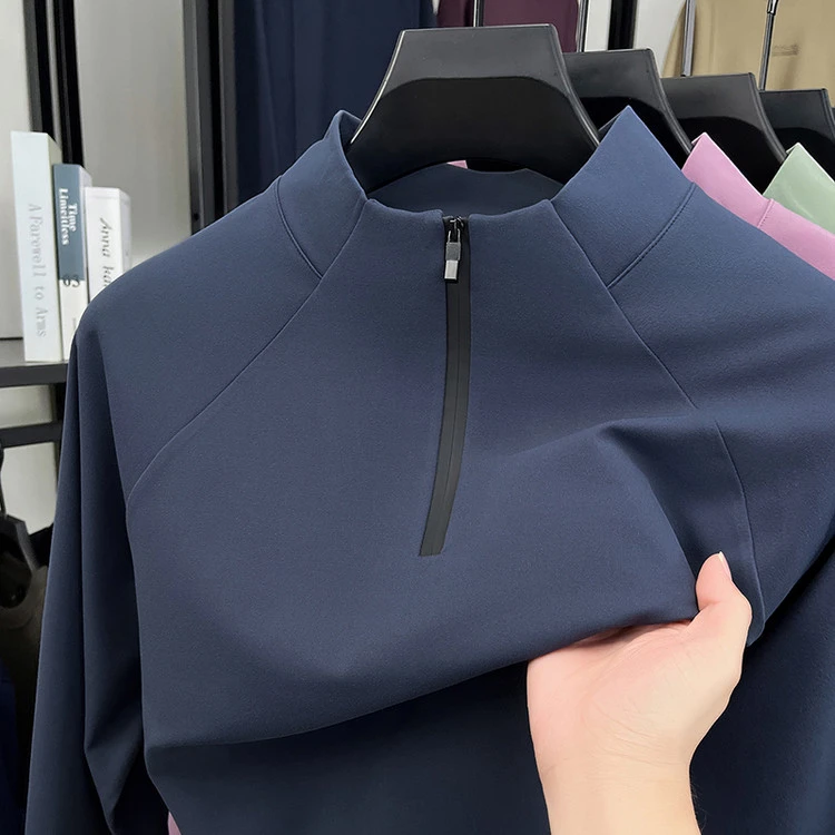 男士秋季新款纯色双面磨毛百搭宽松立领长袖打底半拉链男装上衣