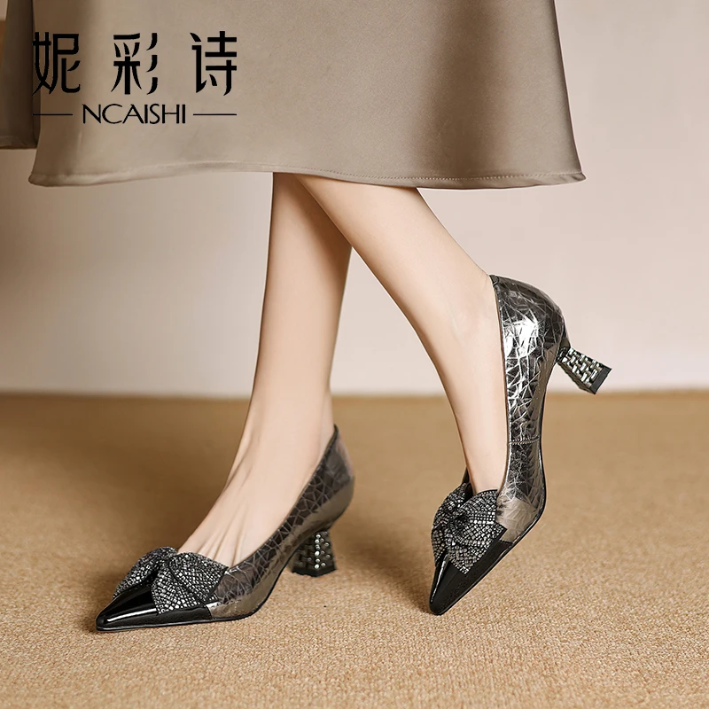 2025年新款蝴蝶结水钻尖头浅口拼色法式气质真皮高跟单鞋女0029