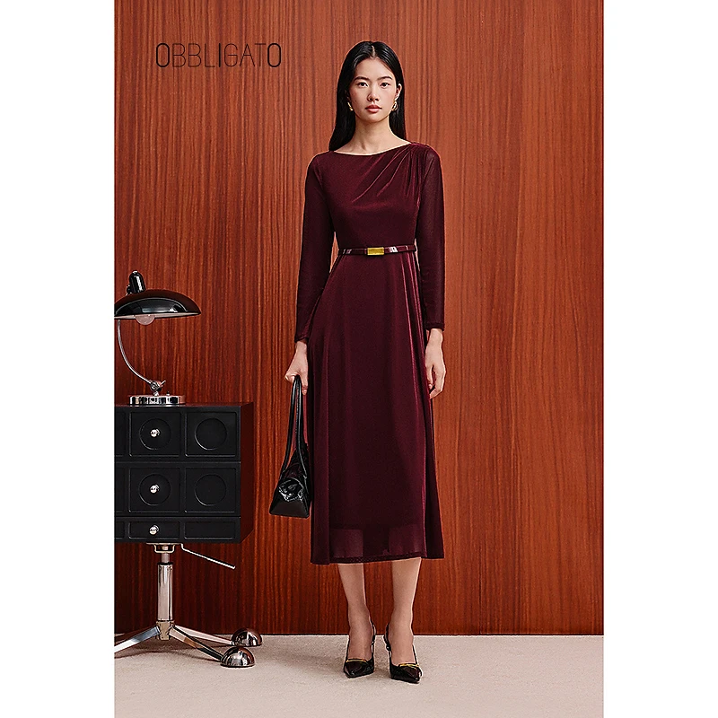 OBBLIGATO奥丽嘉朵1C65505590专选2025冬季新款丝绒收腰连衣裙