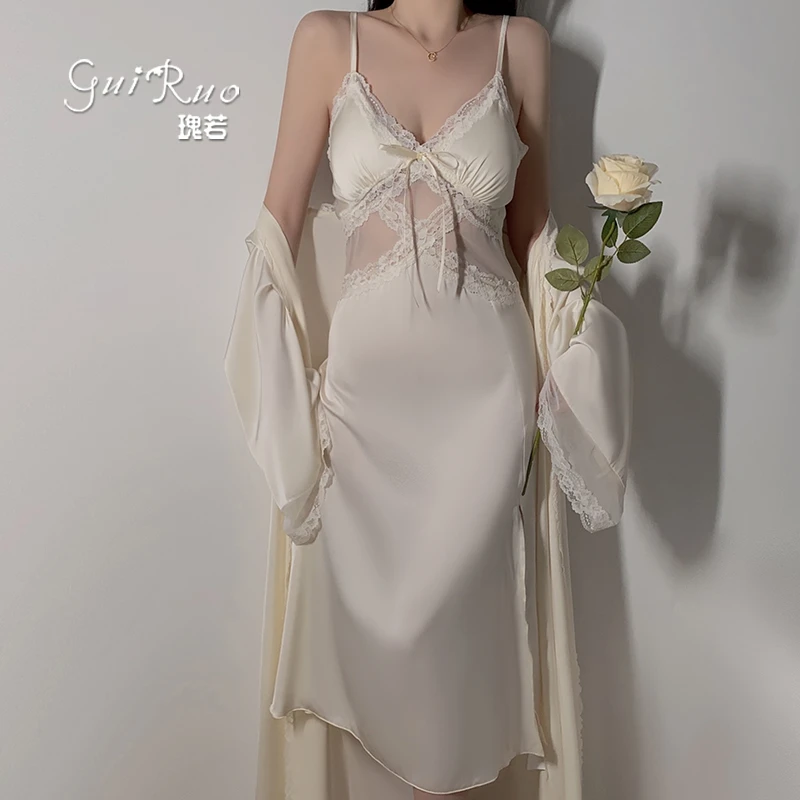 【月影花韵】纯欲网纱睡衣深V吊带睡裙性感+丝滑外袍家居服套装2890