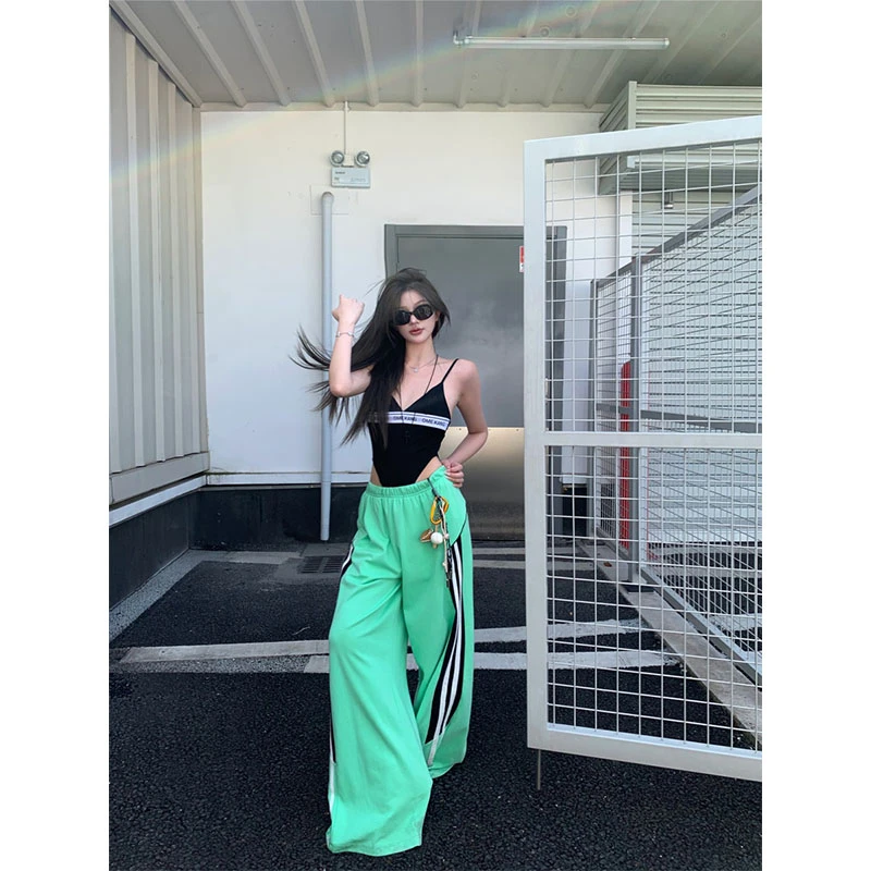 2025夏季新款美式复古辣妹时尚无袖吊带背心上衣宽松直筒阔腿裤女