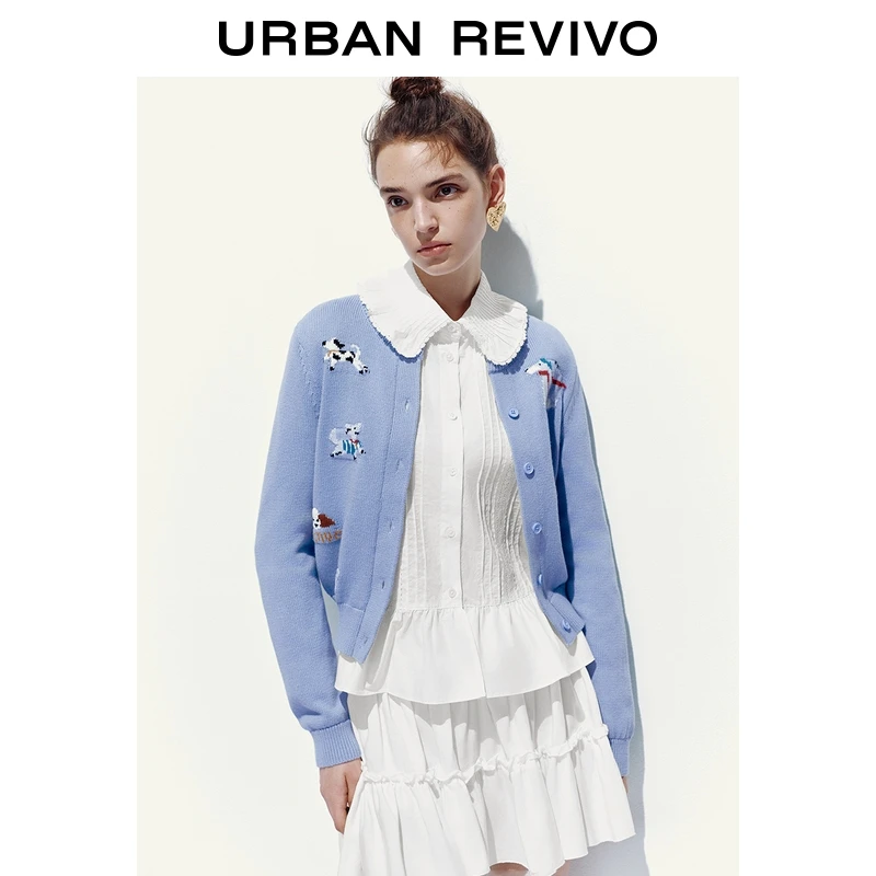 UR2025秋季新款女装休闲童趣小狗图案排扣针织开衫UYY950107