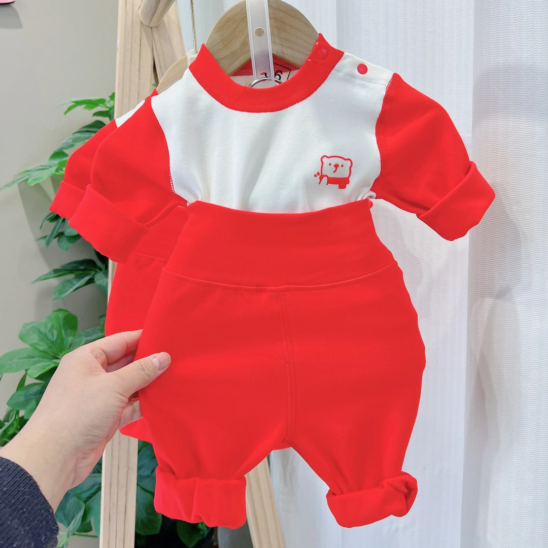 宝宝大红秋衣套装233婴童高腰护肚秋衣秋裤婴幼儿家居服拜年服