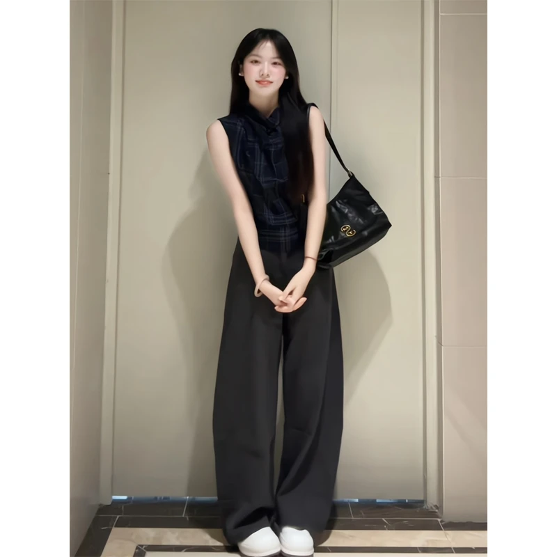 洋气休闲装背心格纹上衣收腰无袖T恤女直筒宽松休闲垂感阔腿裤