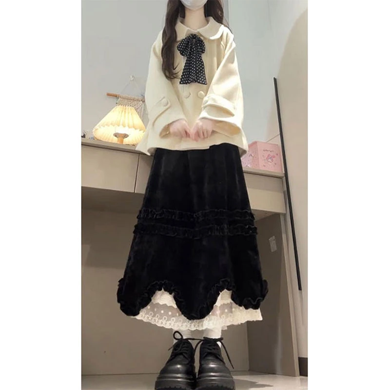 韩系松弛感穿搭套装女秋冬季气质毛呢外套荷叶边花瓣半身裙两件套