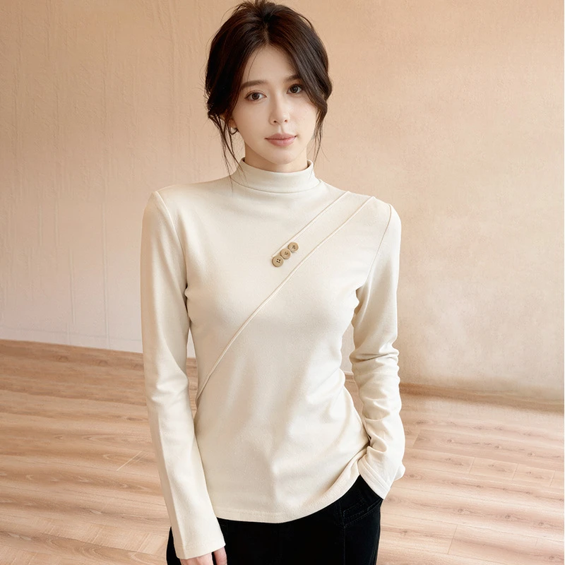 批发纽扣半高领抓绒长袖t恤女秋季气质修身上衣设计感内搭打底衫