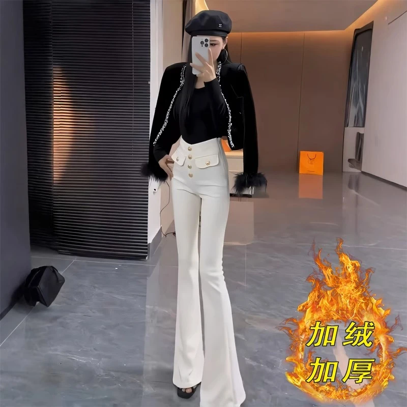 加绒加厚黑色微喇叭裤女2025秋冬新款修身高腰休闲裤子百搭拖地裤