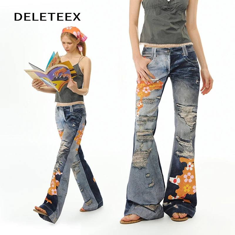 Deleteex原创悠然假期设计师涂鸦破洞做旧3D印花拼接微喇牛仔裤子