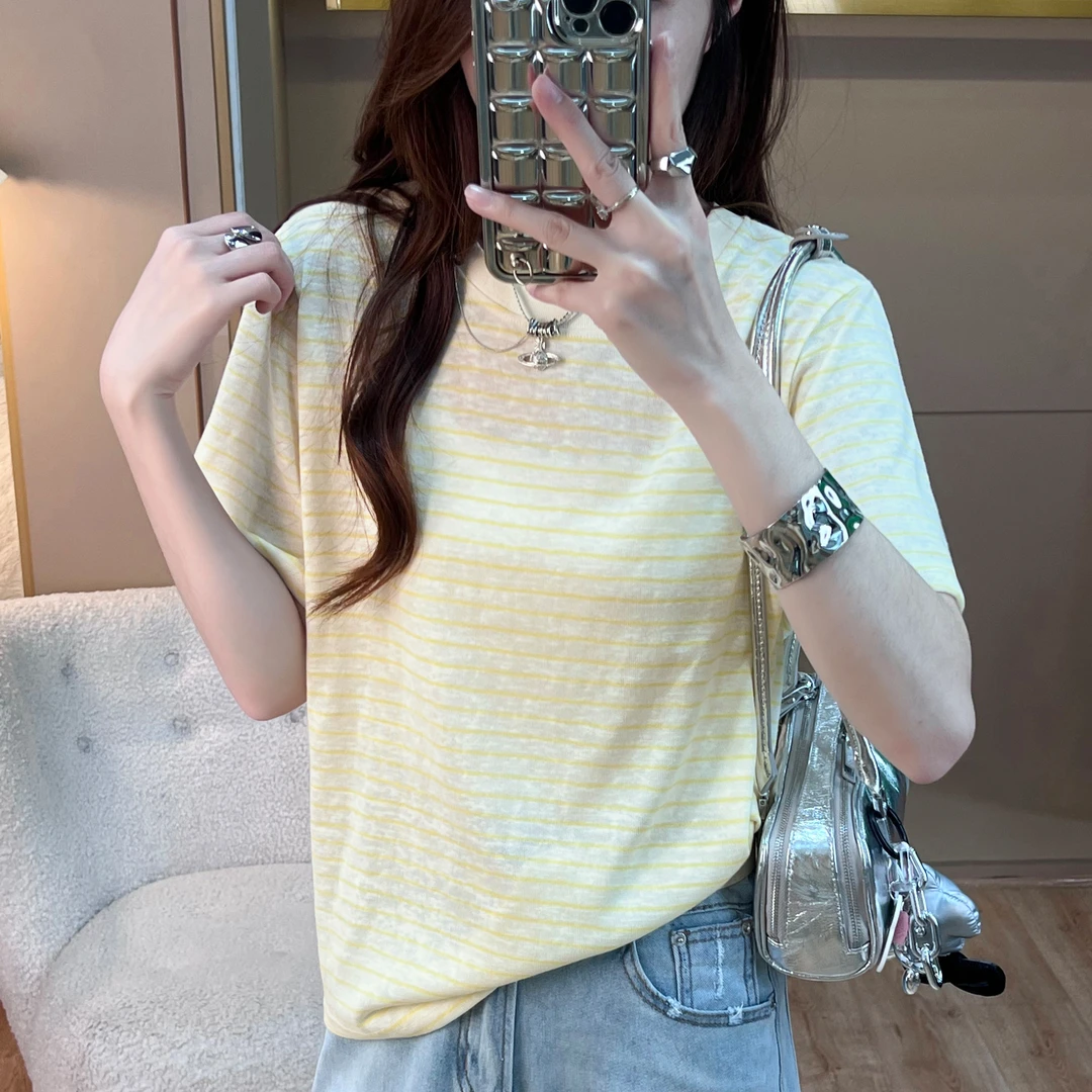 艾格 韩系慵懒风2025夏休闲百搭短袖T恤条纹圆领宽松显瘦百搭上衣