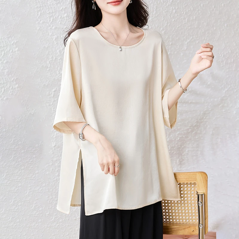 【女神新衣】短袖2025夏新款圆领宽松慵懒风T恤纯色洋气上衣