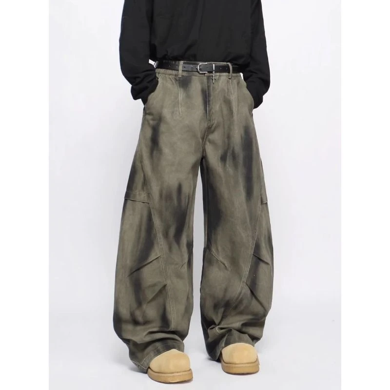 潮牌小众设计感宽松牛仔裤男褶皱拼接做旧休闲阔腿廓形弯刀长裤子