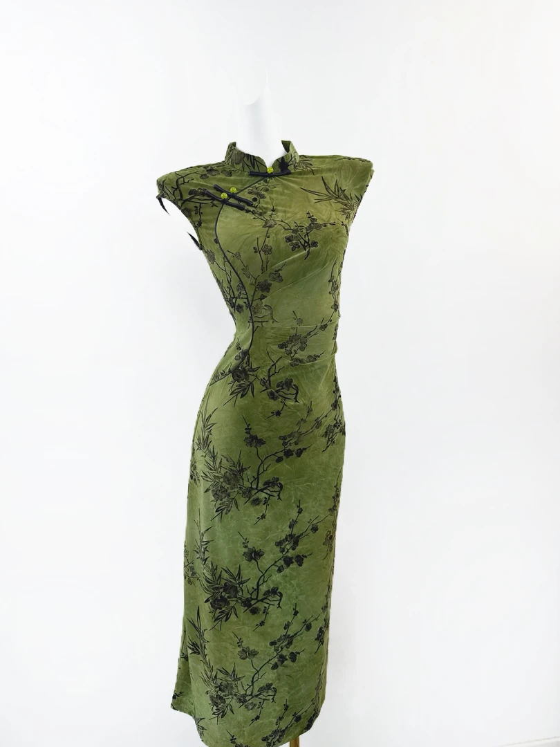 【清风竹影】裙长120夏季新款旗袍复古气质优雅显瘦旗袍裙