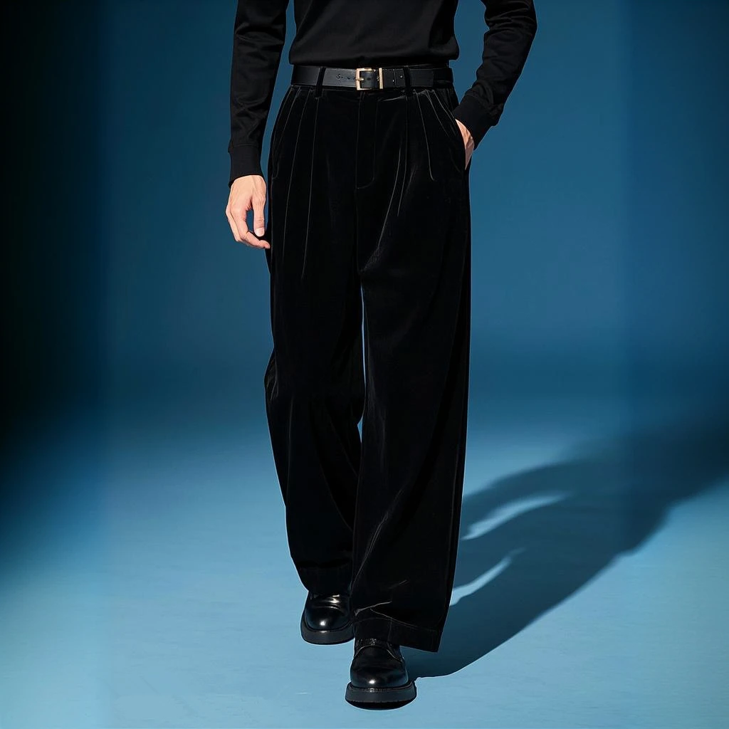 黑色男士金丝绒阔腿裤2025春秋款时尚高腰垂坠感休闲长裤宽松