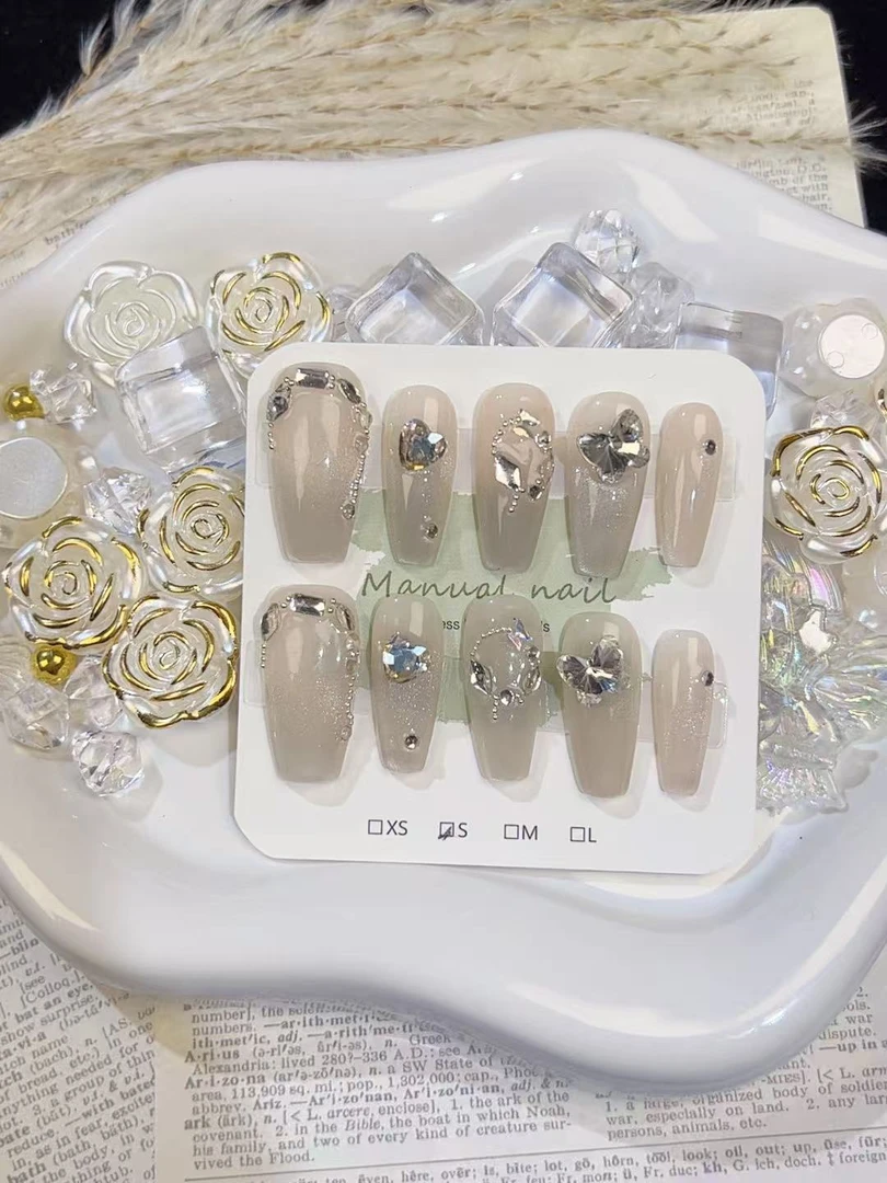 夏季中长款纯手工穿戴甲气质显白优雅锆石设计低调奢华