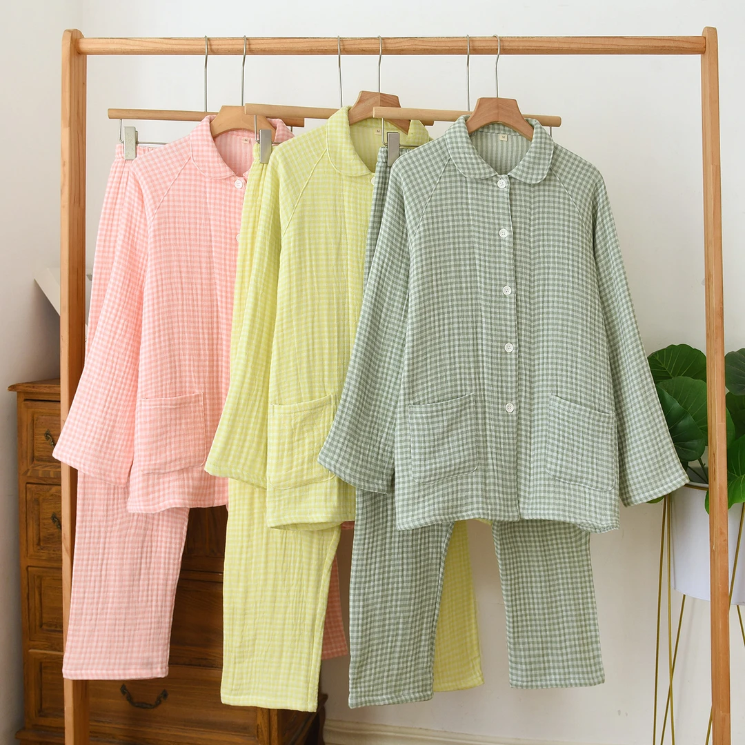 100%纯棉四层纱布睡衣女款秋冬季厚款绿格子大码可外穿长袖家居服