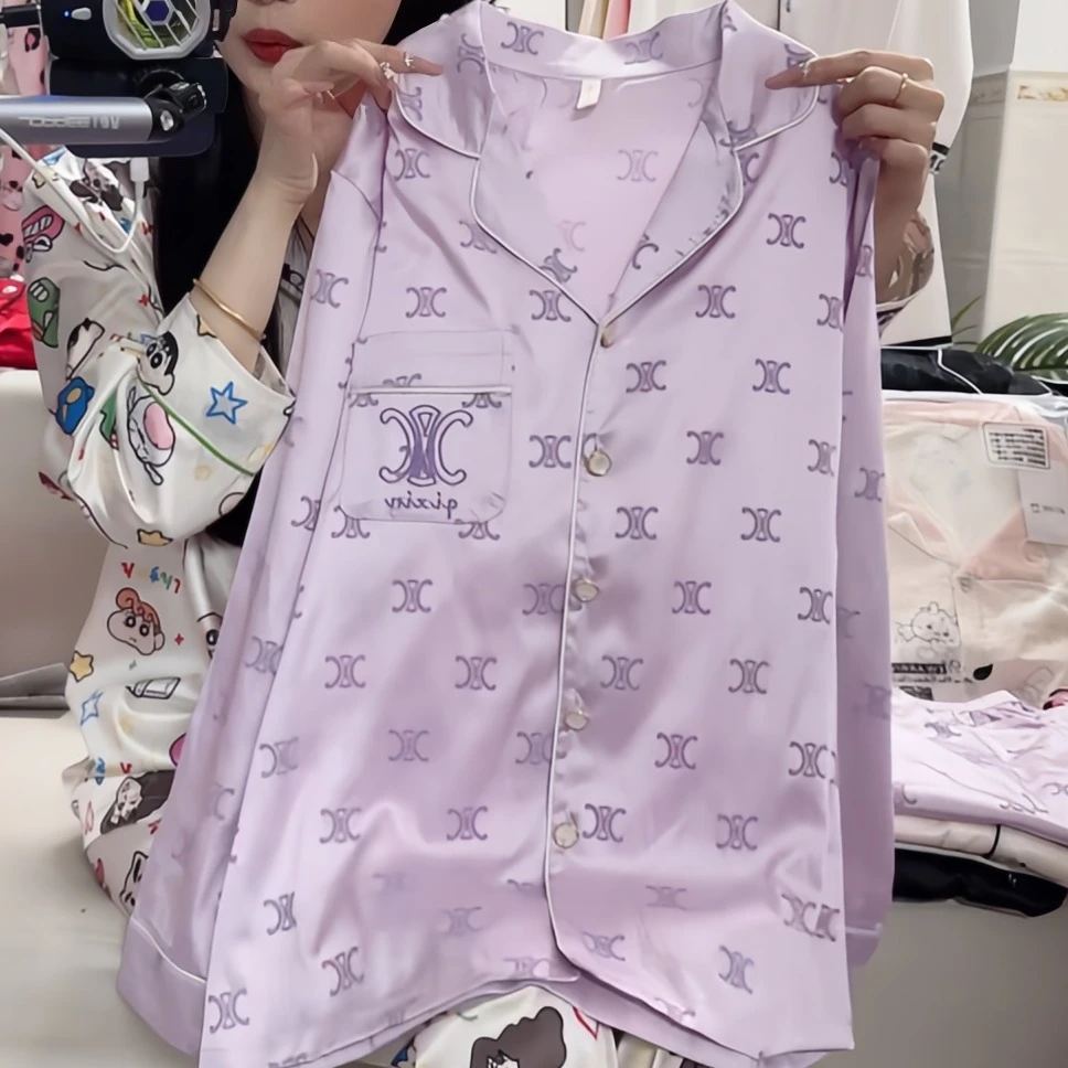 琦欣之梦家居服长袖长裤不带胸垫紫凯旋门套装透气冰雪丝