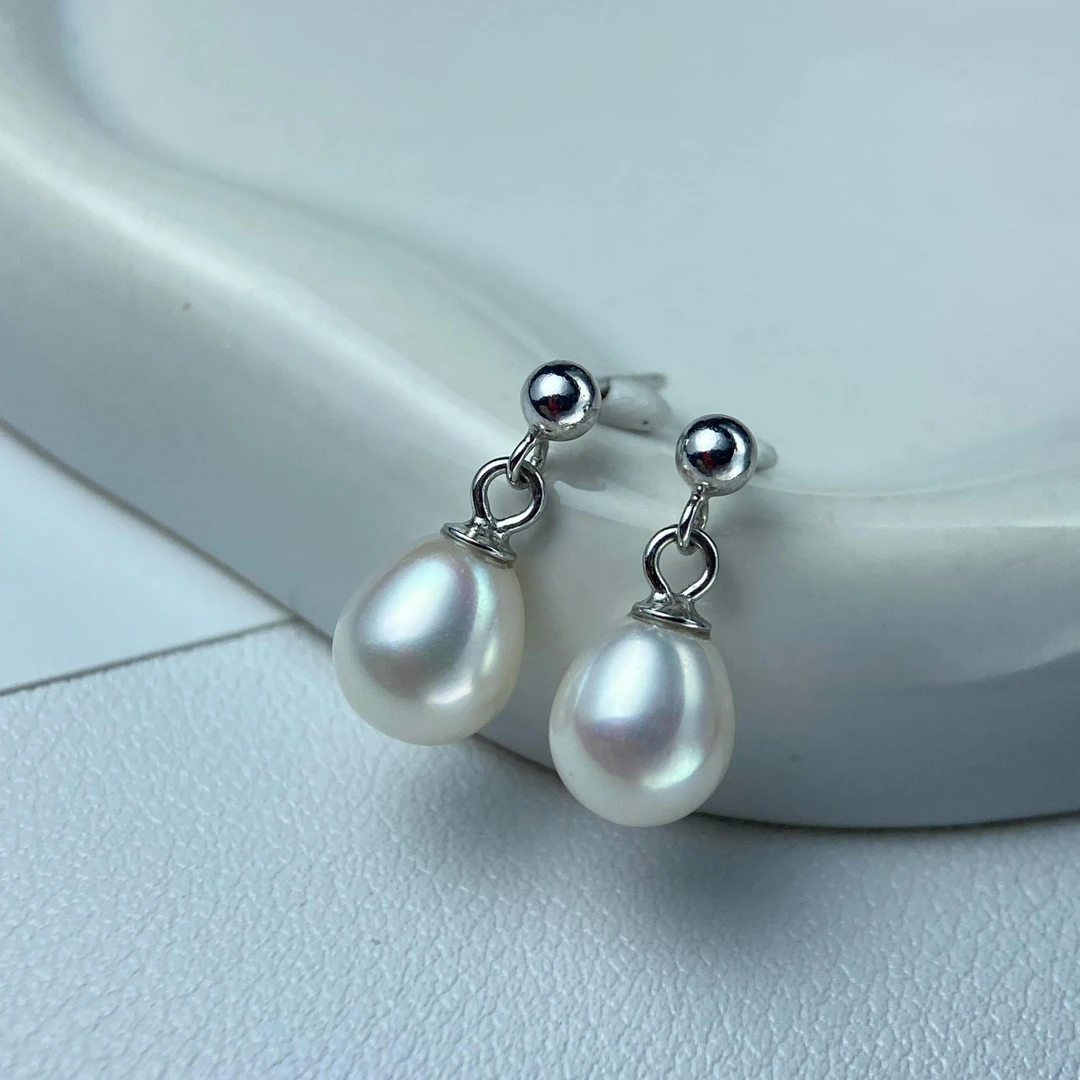 天然淡水珍珠耳钉s925银极光镜面光胖水滴耳钉经典款耳坠珍珠耳饰