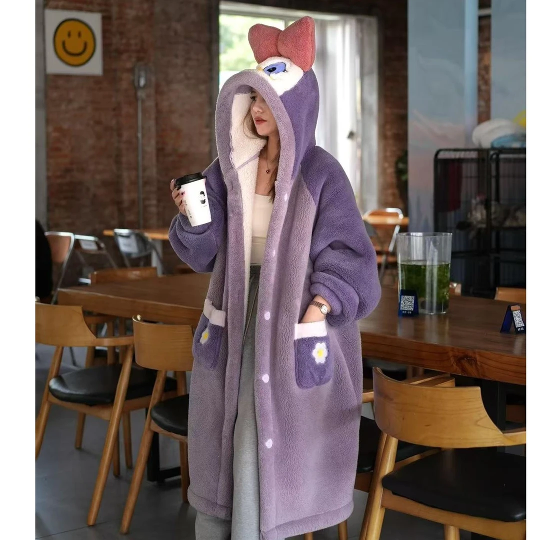 双层加厚复合新爆款双层加厚睡袍家居服连帽宽松中长款加绒保暖