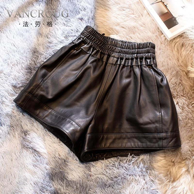 法劳格春款2025新款短裤皮裤女冬款松紧腰冬高腰阔腿裤裤裙外穿春