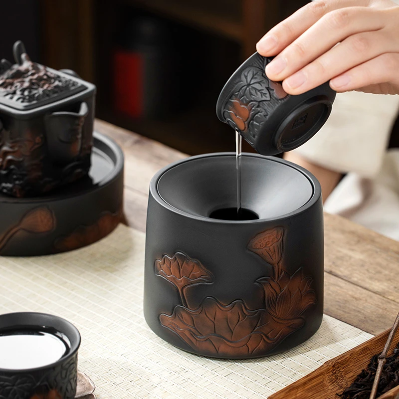 紫陶建水荷韵茶洗轻奢高端茶渣缸大容量废水桶水缸洗茶具配件用品