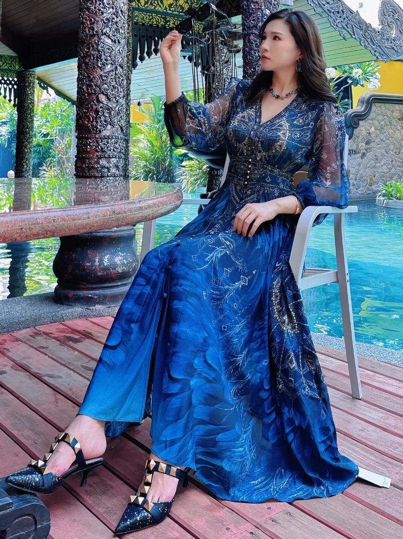 【高定蓝孔雀-瑶瑶】重磅100桑蚕丝连衣裙HF24302