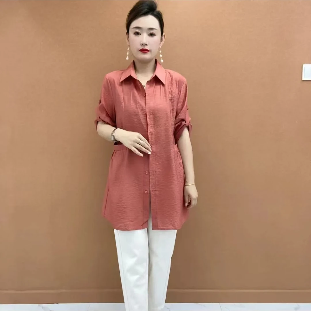 2025夏季新款中老年女装洋气宽松中长款百搭显瘦薄款中袖衬衫