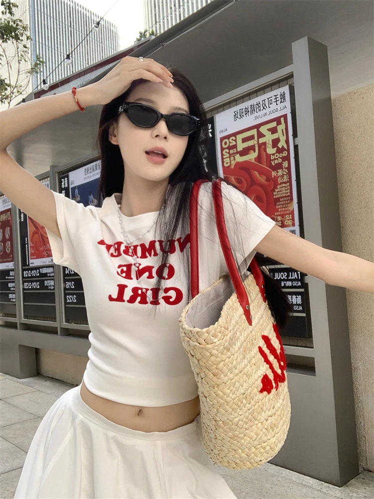 甜酷圆领短袖T恤女2025夏季新款设计感字母印花修身显瘦短款上衣