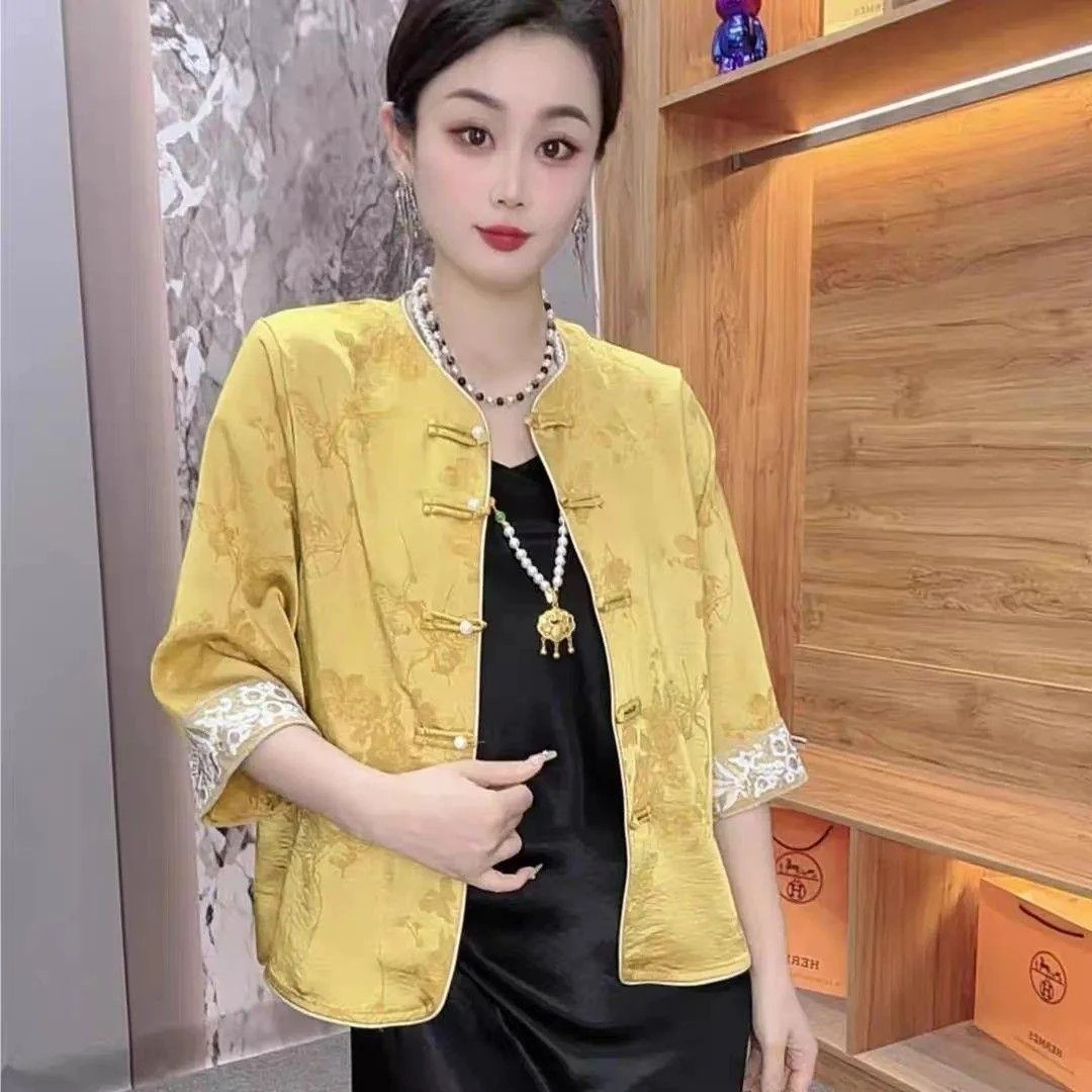 绿色新中式薄外套女年轻款醋酸缎面盘扣开衫上衣外搭高级感防晒衣