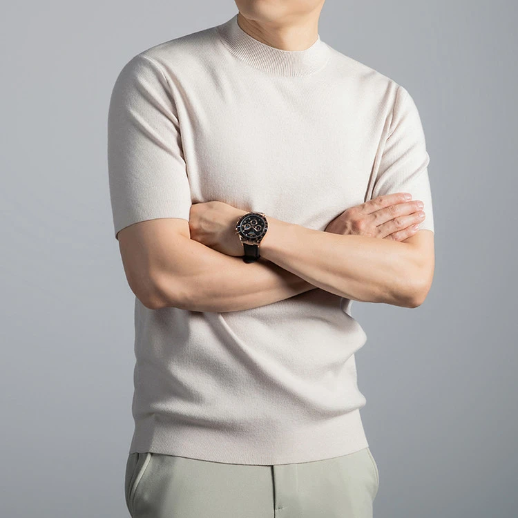 利郎商务休闲新款男士羊毛短袖半高领百搭可机洗打底针织t恤半袖